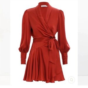 Zimmermann Rust Red Satin Wrap Mini Dress with Tie Waist